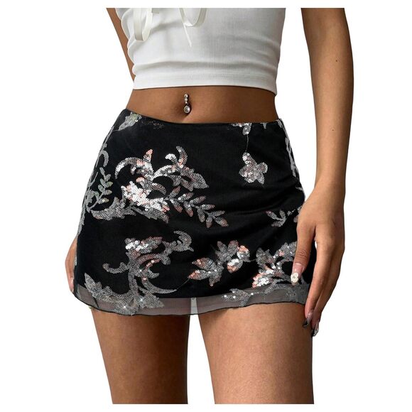 Dresses & Skirts - 9075 Sequin Skirt Summer Floral Mesh Glitter Sparkly Mini Skirt Black Small